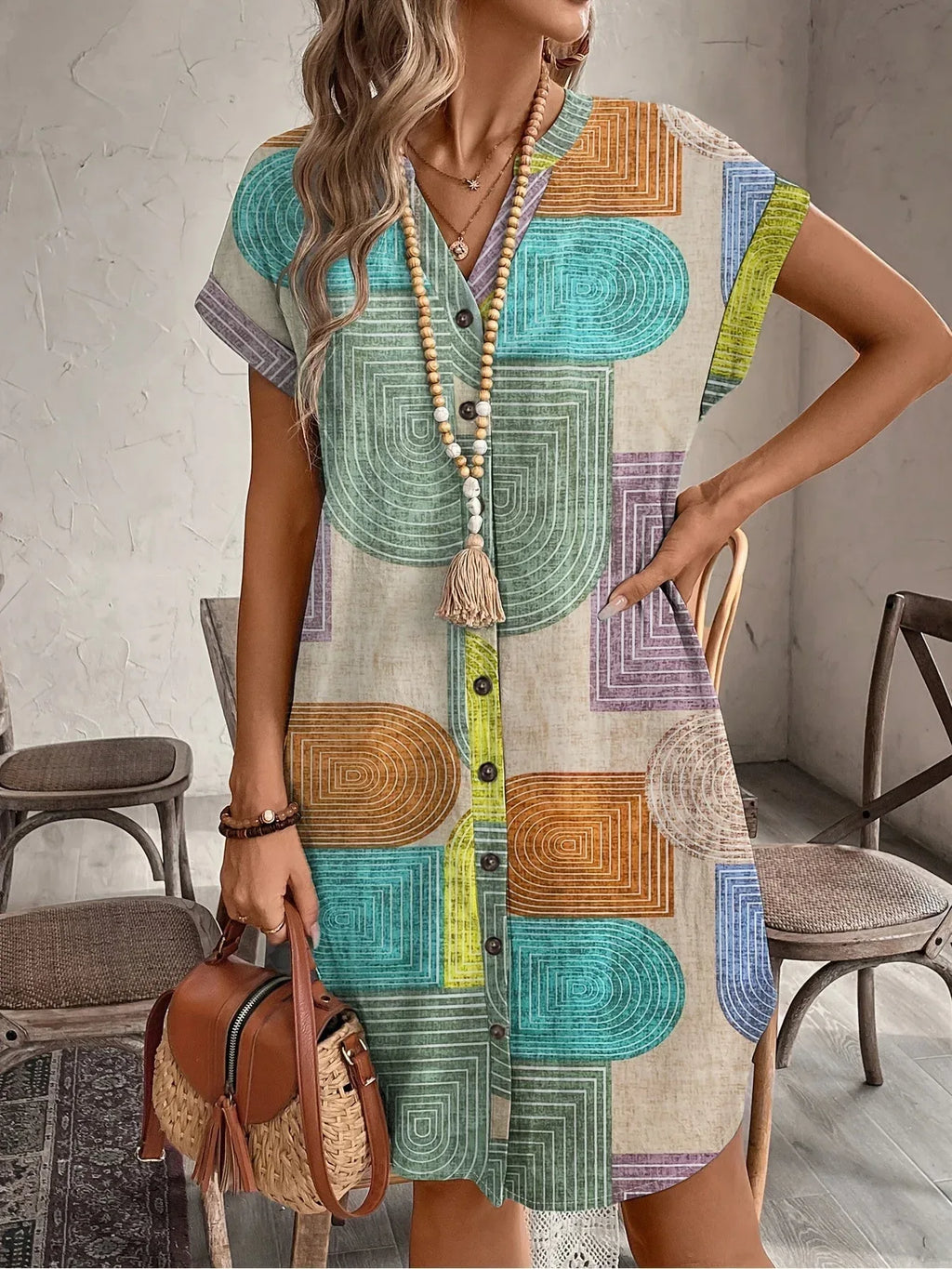 Juniper | Geometric Print V-Neck Dress - Sarah and Emma Portland