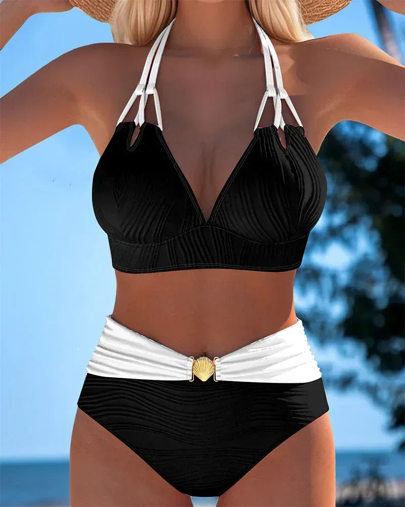 High Waisted Double Strap Swimsuit with Contrast Color - Sarah and Emma Portland