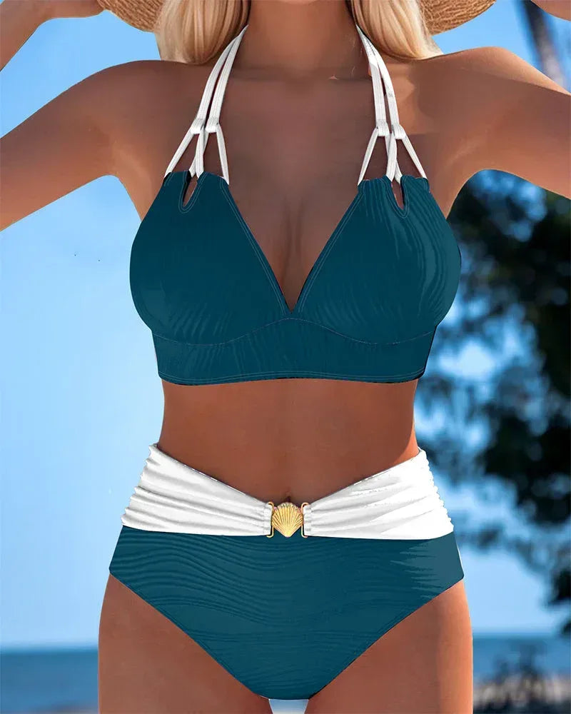 High Waisted Double Strap Swimsuit with Contrast Color - Sarah and Emma Portland
