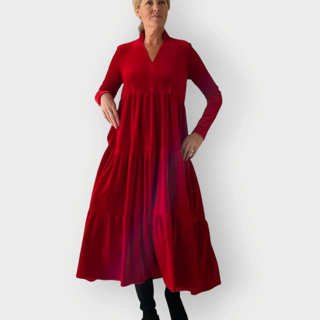 Luvira | Red Velvet Tiered Dress - Sarah and Emma Portland
