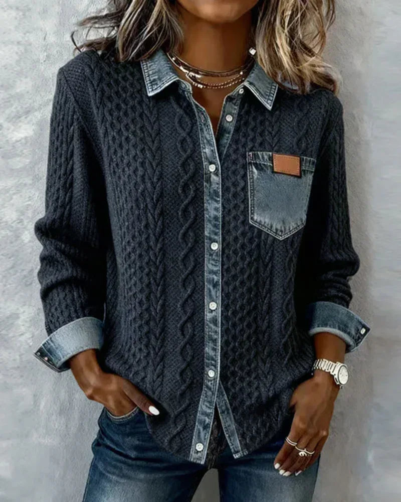 Long-Sleeve Shirt with Denim Patchwork - Sarah and Emma Portland