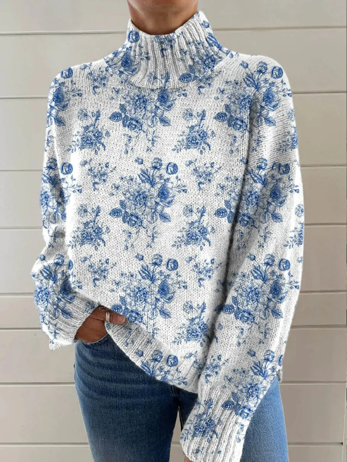 Ashley | Blue Blossom Turtleneck Sweater - Sarah and Emma Portland