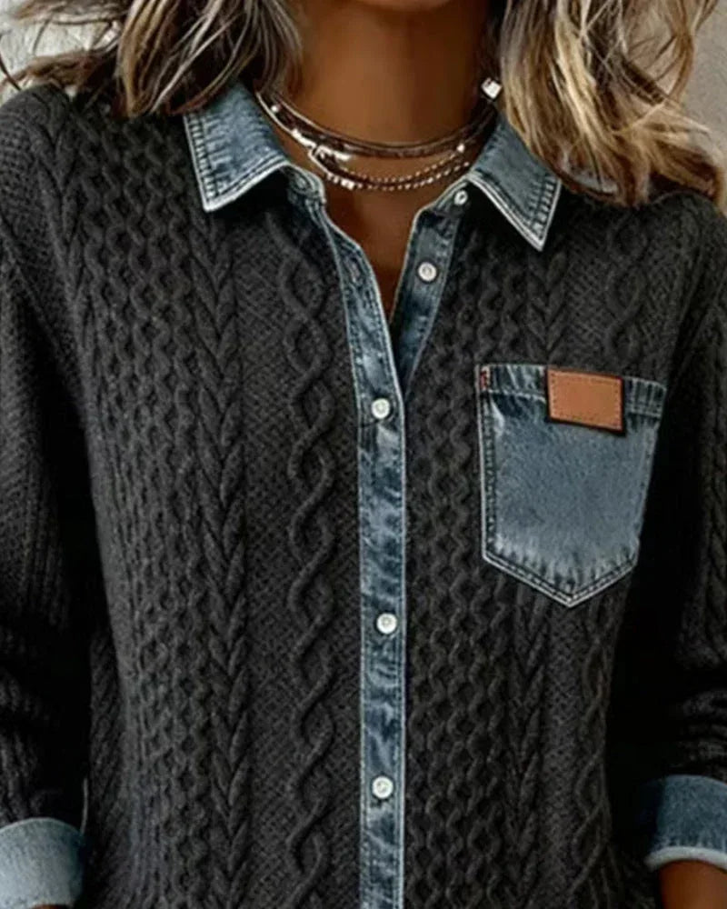 Long-Sleeve Shirt with Denim Patchwork - Sarah and Emma Portland