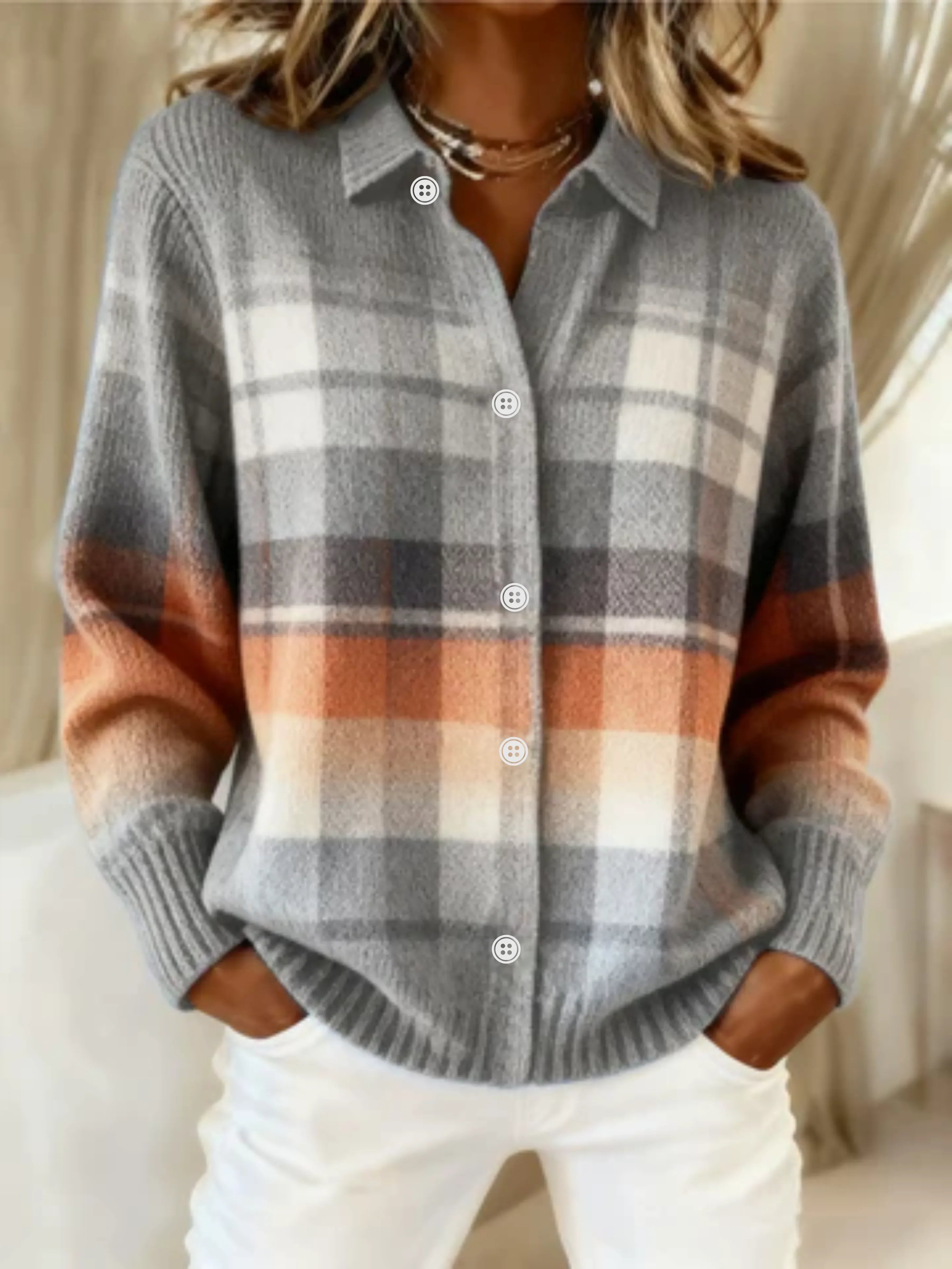 Elena™ – Checked Hoodie Blouse in Soft Tones - Sarah and Emma Portland