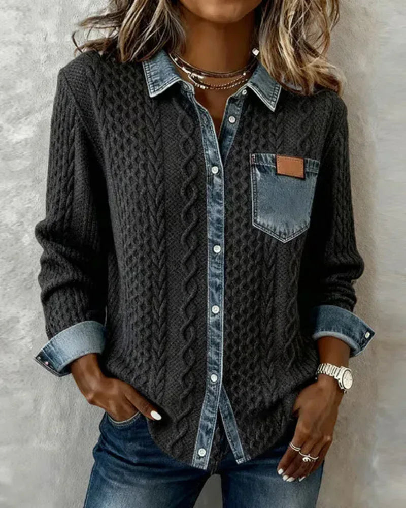 Long-Sleeve Shirt with Denim Patchwork - Sarah and Emma Portland