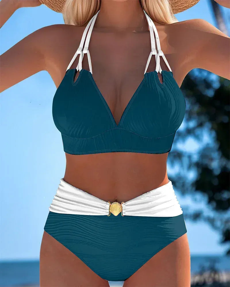 High Waisted Double Strap Swimsuit with Contrast Color - Sarah and Emma Portland