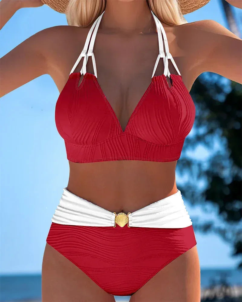High Waisted Double Strap Swimsuit with Contrast Color - Sarah and Emma Portland