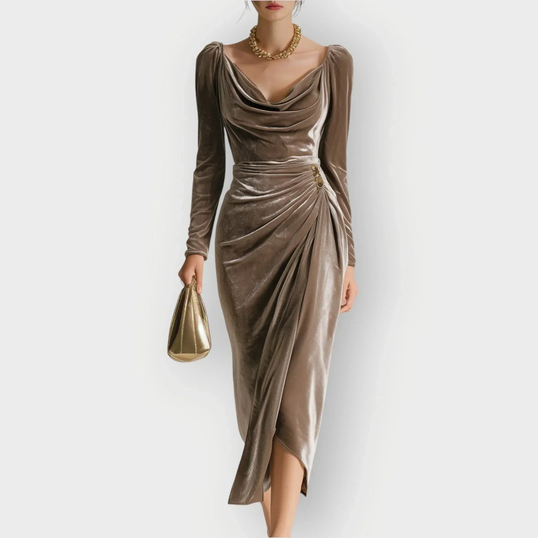 Auvess | Ruched Draped Elegance Midi Dress - Sarah and Emma Portland