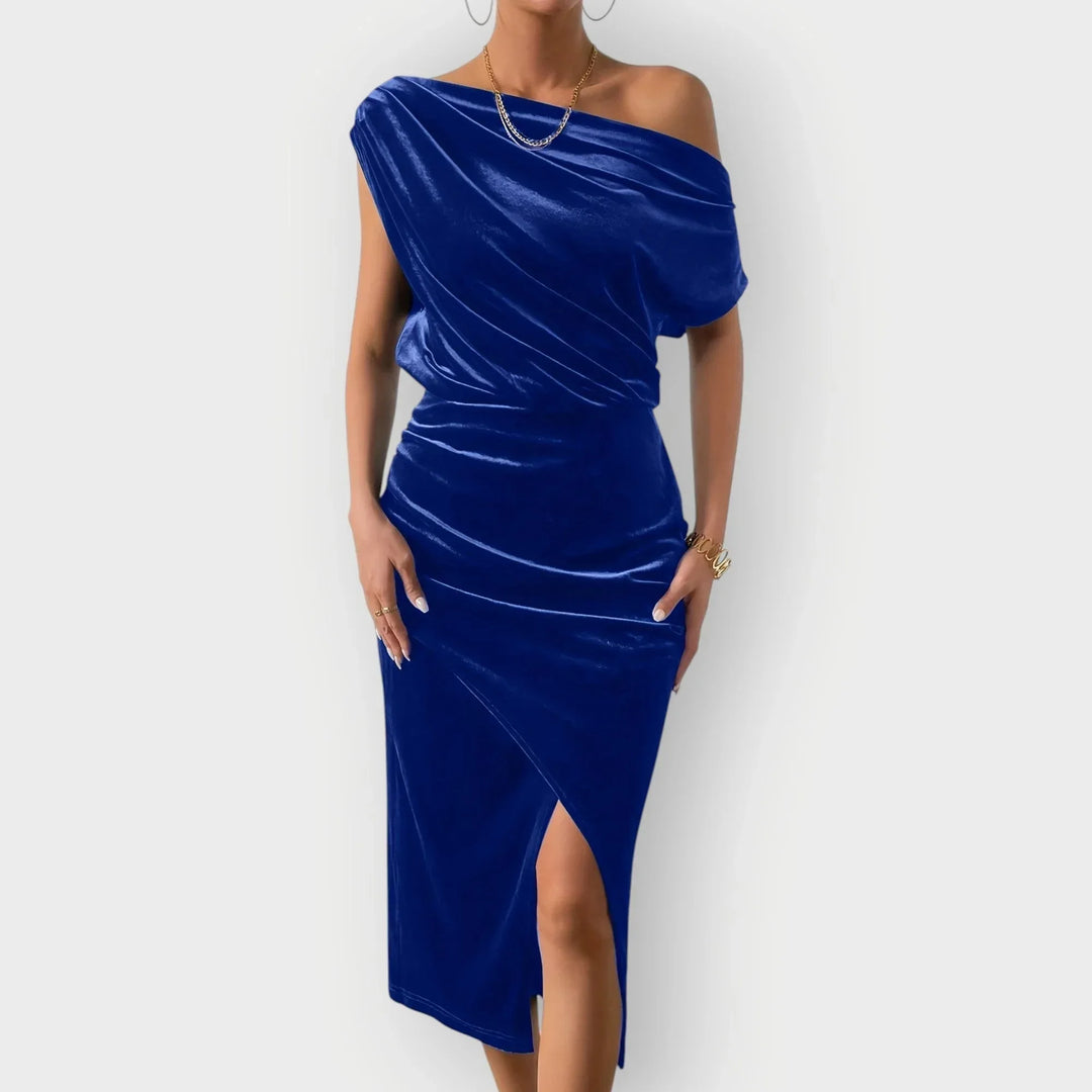 Saeviah | Off Shoulder Draped Velvet Midi Dress - Sarah and Emma Portland
