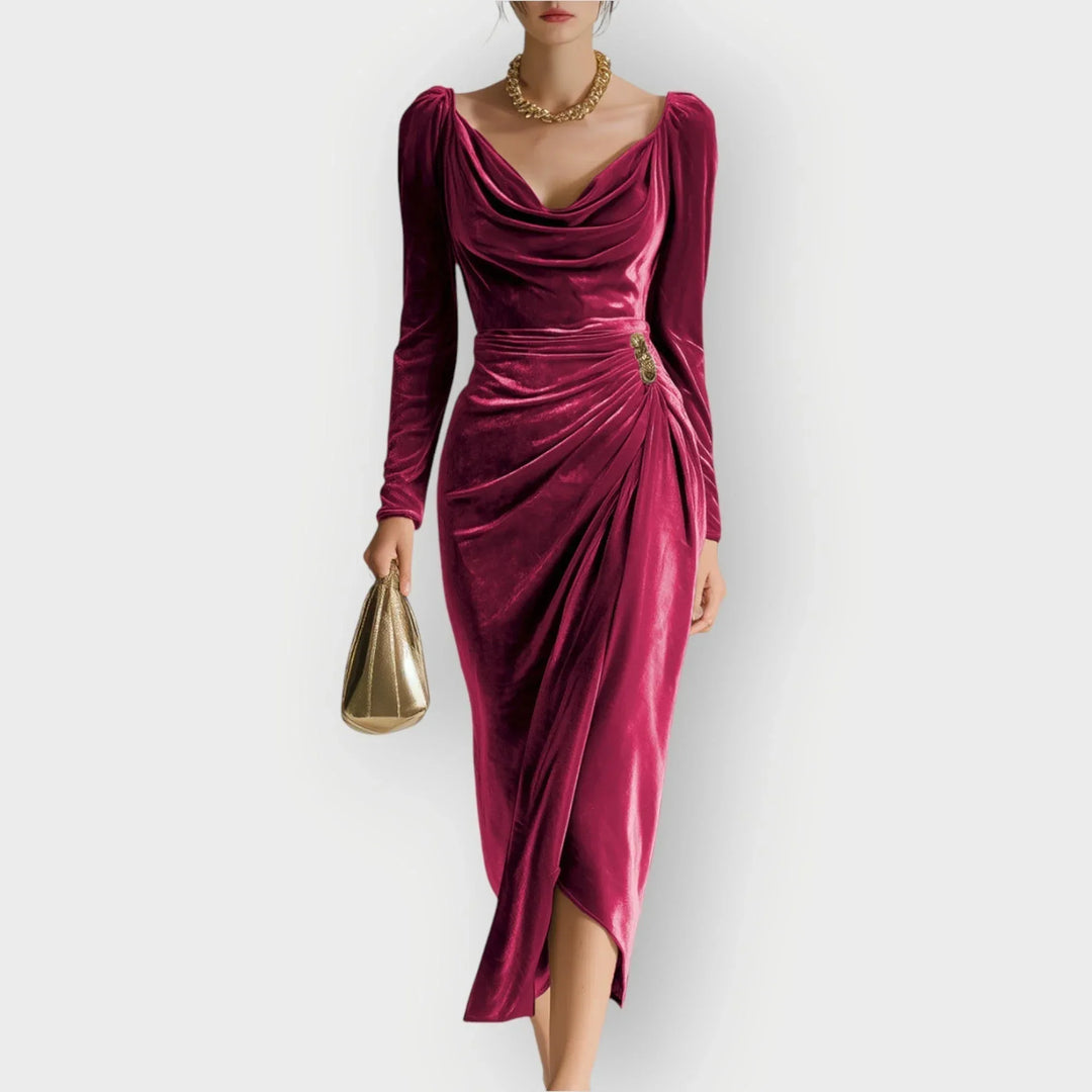 Auvess | Ruched Draped Elegance Midi Dress - Sarah and Emma Portland