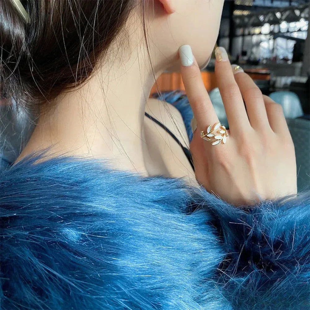 Adjustable Gold Ring with White Opal Leaf - Sarah and Emma Portland