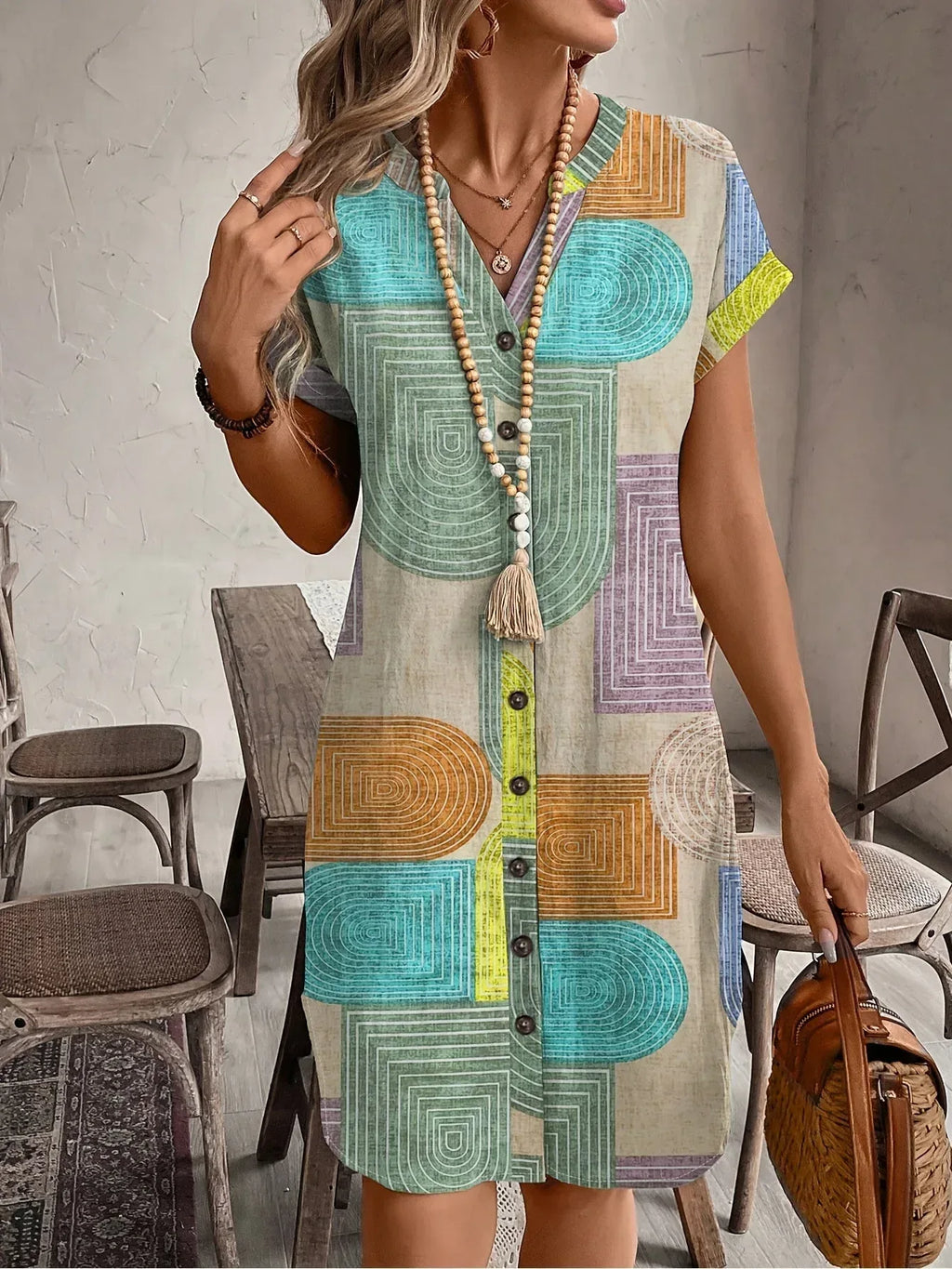 Juniper | Geometric Print V-Neck Dress - Sarah and Emma Portland