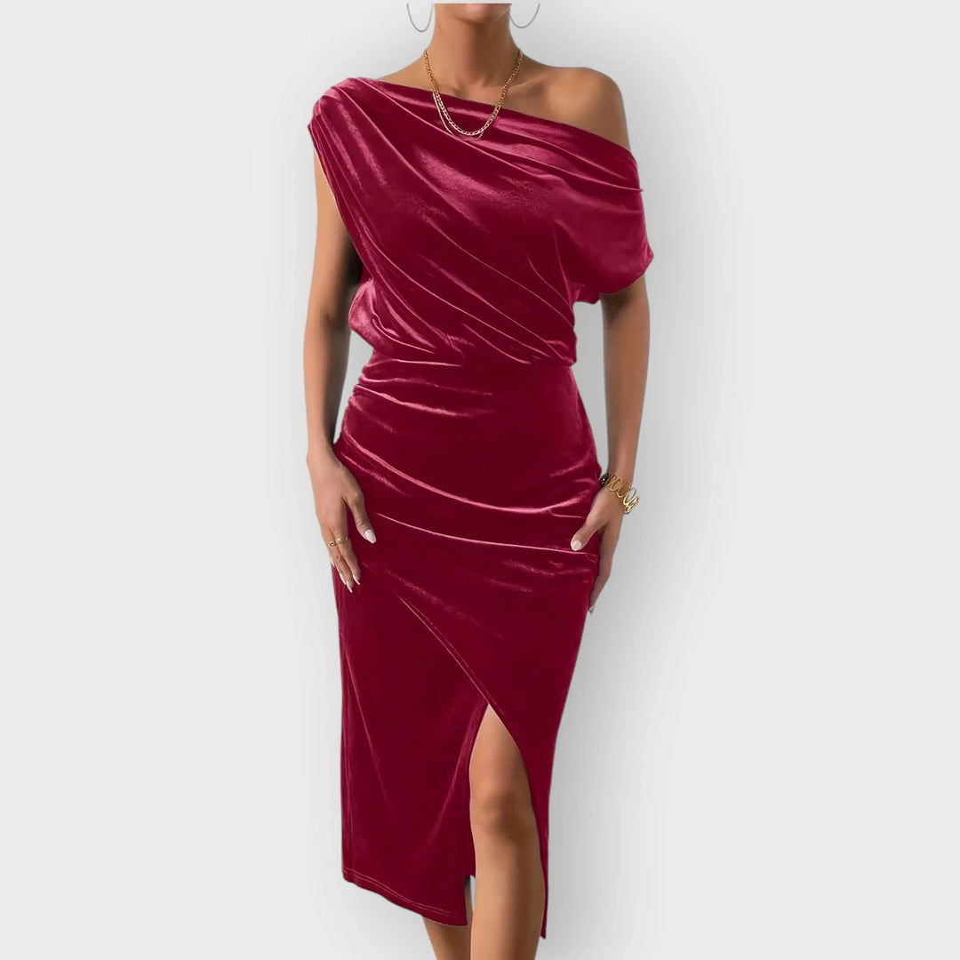 Saeviah | Off Shoulder Draped Velvet Midi Dress - Sarah and Emma Portland