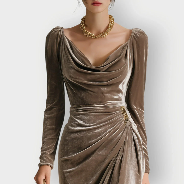 Tynara | Luxe Velvet Draped Evening Dress - Sarah and Emma Portland