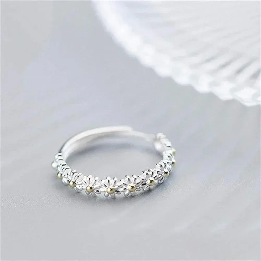 Adjustable Silver Ring with Hand-Painted Enamel Daisy - Sarah and Emma Portland
