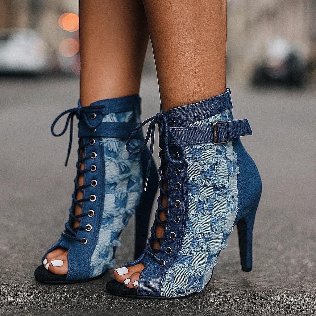 DAHLIA DENIM LACE HEELS - Sarah and Emma Portland