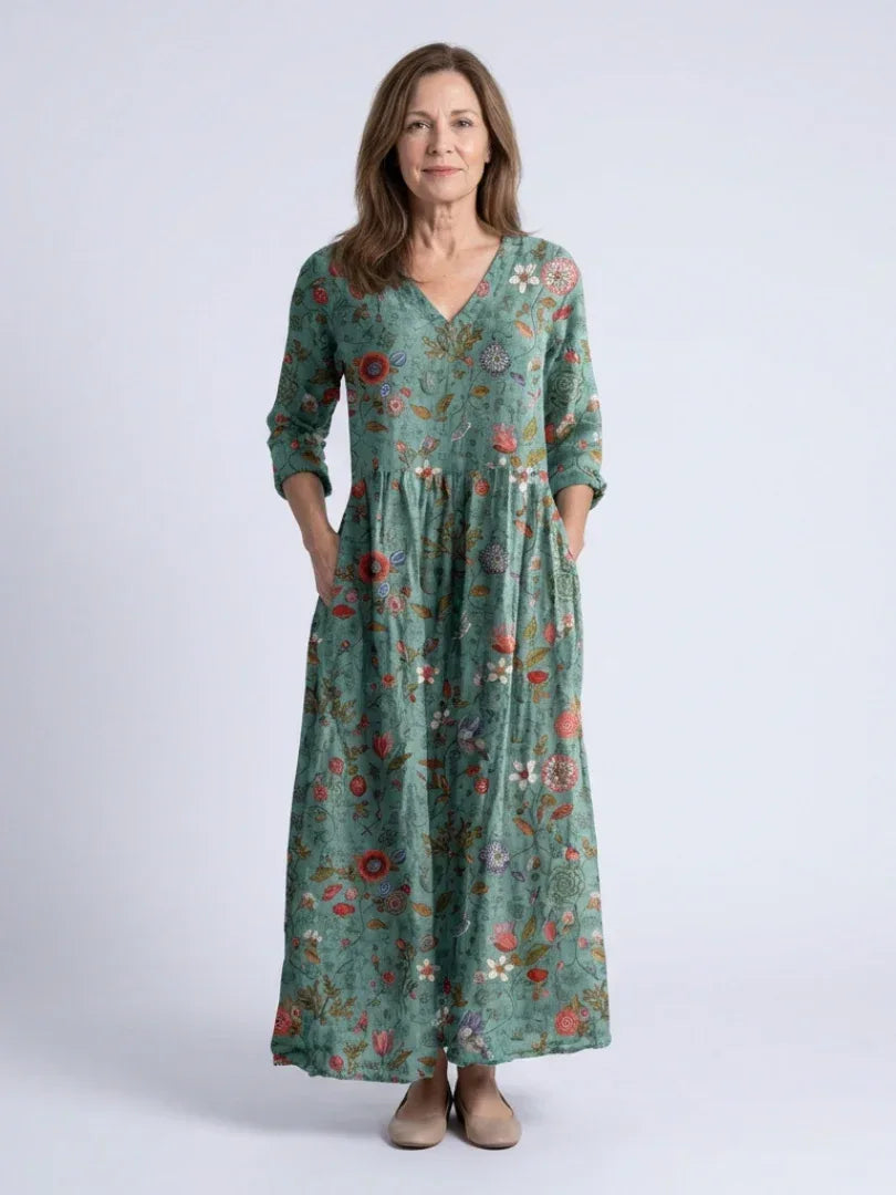 Marina | Floral V Neck Three Quarter Sleeve Maxi Dress - Sarah and Emma Portland