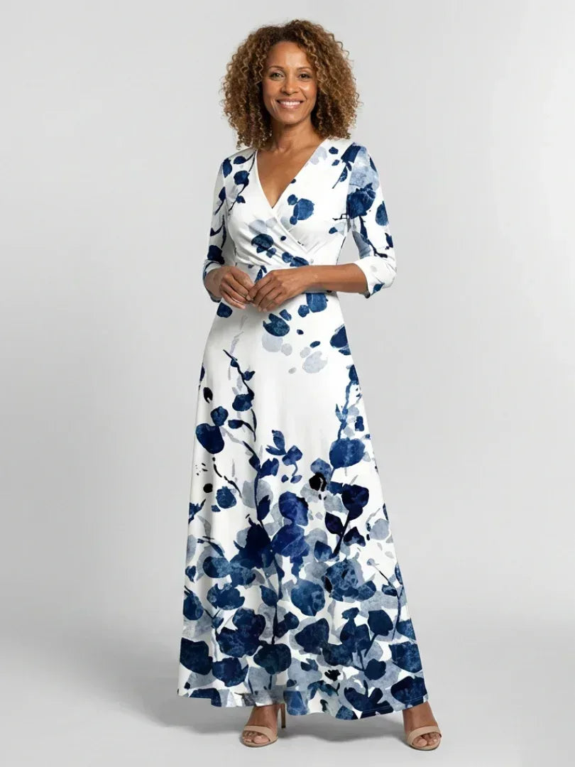 Eleanor | Three Quarter Sleeve V Neck Floral Maxi Dress - Sarah and Emma Portland