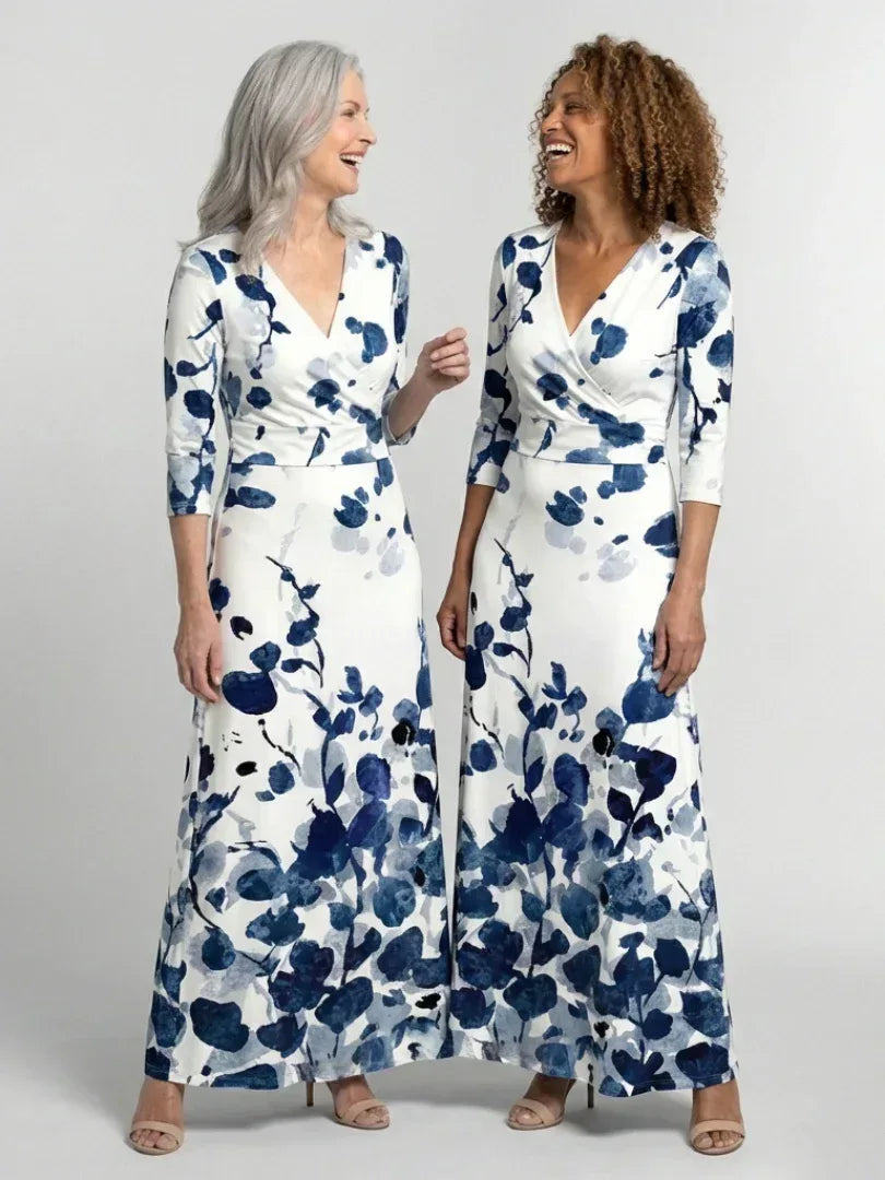 Eleanor | Three Quarter Sleeve V Neck Floral Maxi Dress - Sarah and Emma Portland