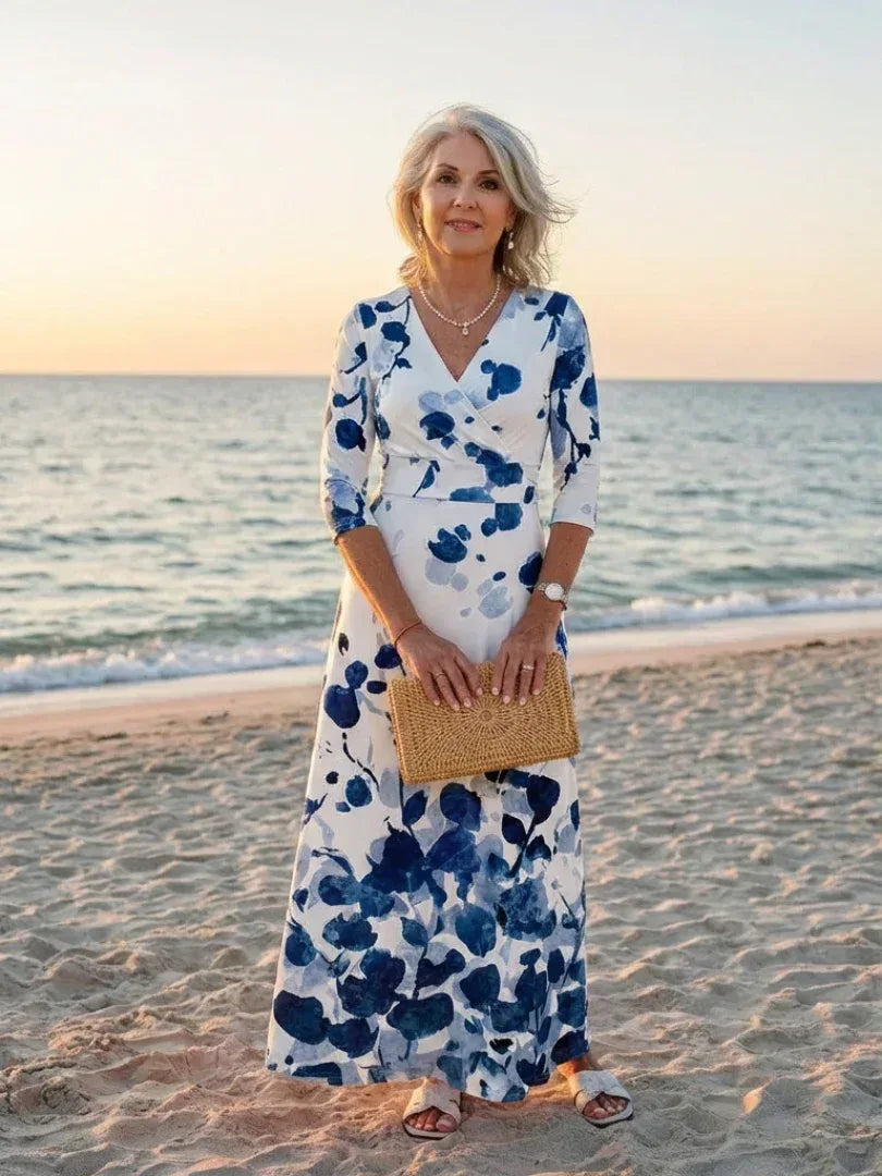 Eleanor | Three Quarter Sleeve V Neck Floral Maxi Dress - Sarah and Emma Portland