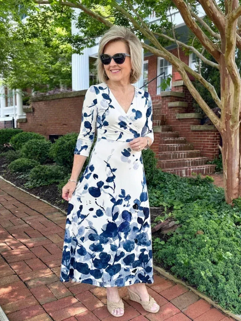 Eleanor | Three Quarter Sleeve V Neck Floral Maxi Dress - Sarah and Emma Portland