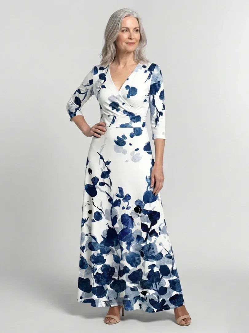 Eleanor | Three Quarter Sleeve V Neck Floral Maxi Dress - Sarah and Emma Portland