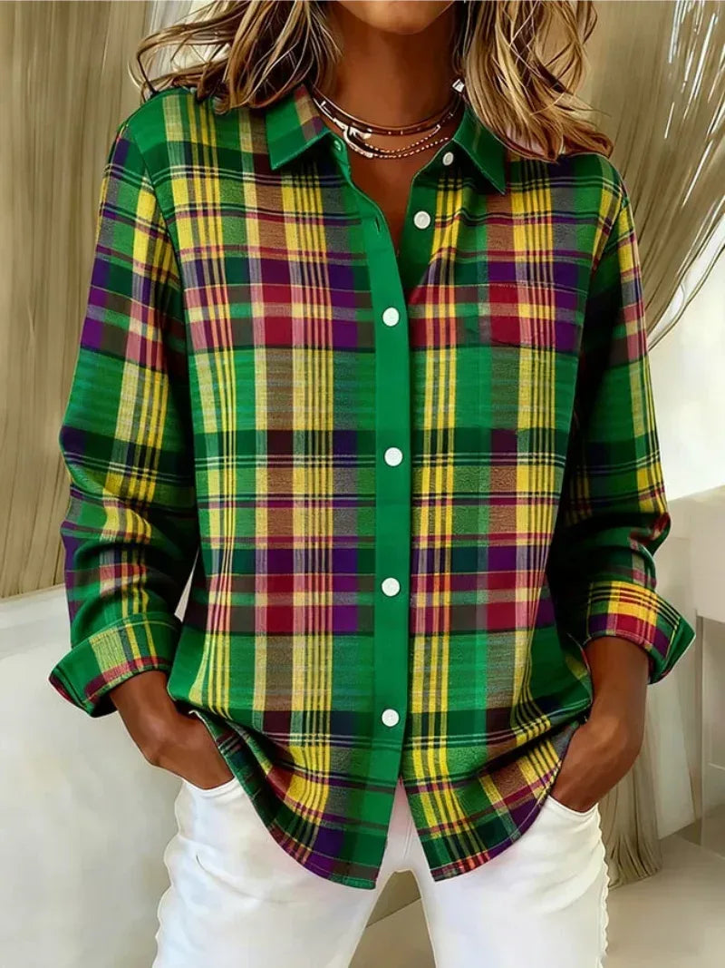 Elina™ – Checked Hoodie Blouse in Vivid Green Tones - Sarah and Emma Portland