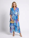 Calista | Sheer Layered V Neck Tie Waist Maxi Dress