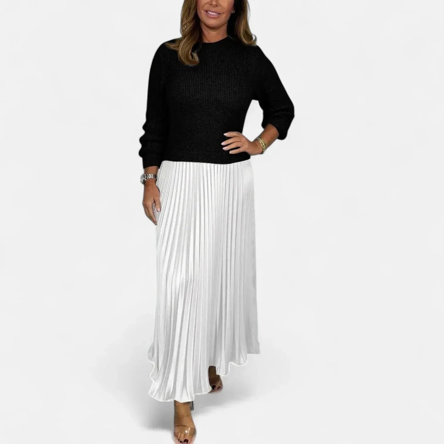 Caelynnah | Elegant Maxi Dress with Sweater & Pleated Skirt - Sarah and Emma Portland