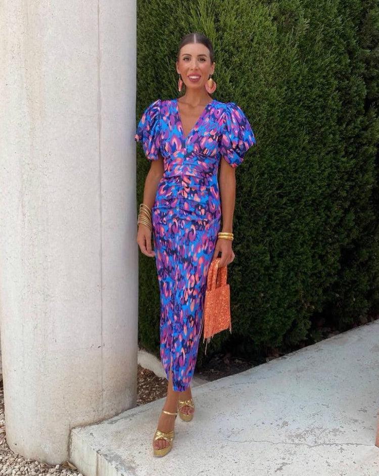 Loren™  | Vibrant Midi Dress with Puff Sleeves