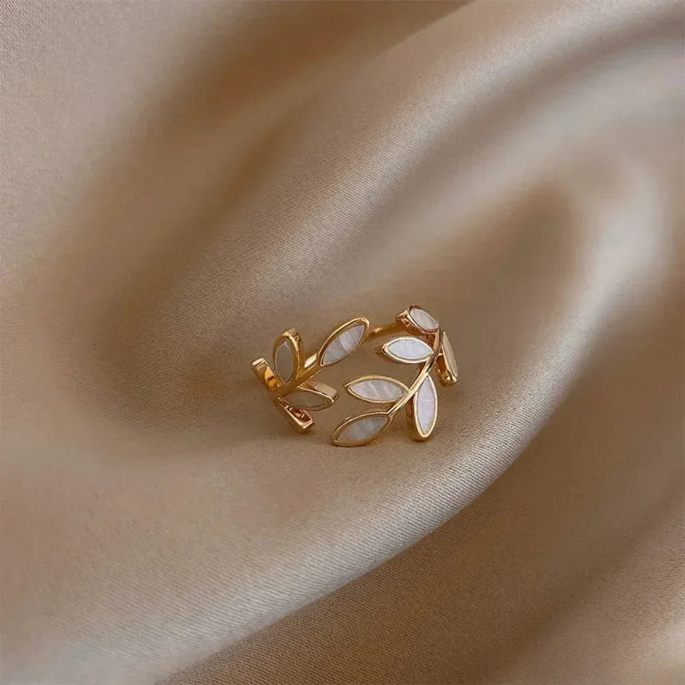Adjustable Gold Ring with White Opal Leaf - Sarah and Emma Portland