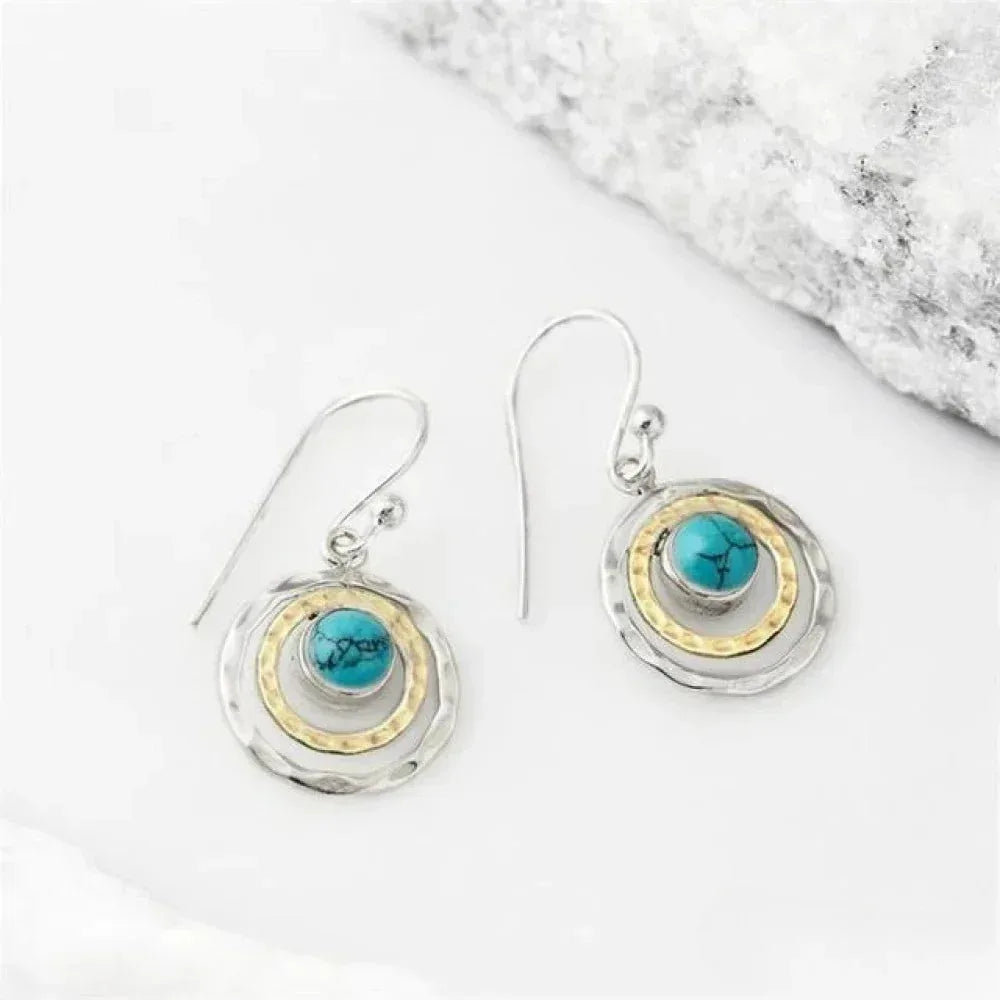 Boho Saturn Earrings with Turquoise Stone in Silver & Gold - Sarah and Emma Portland