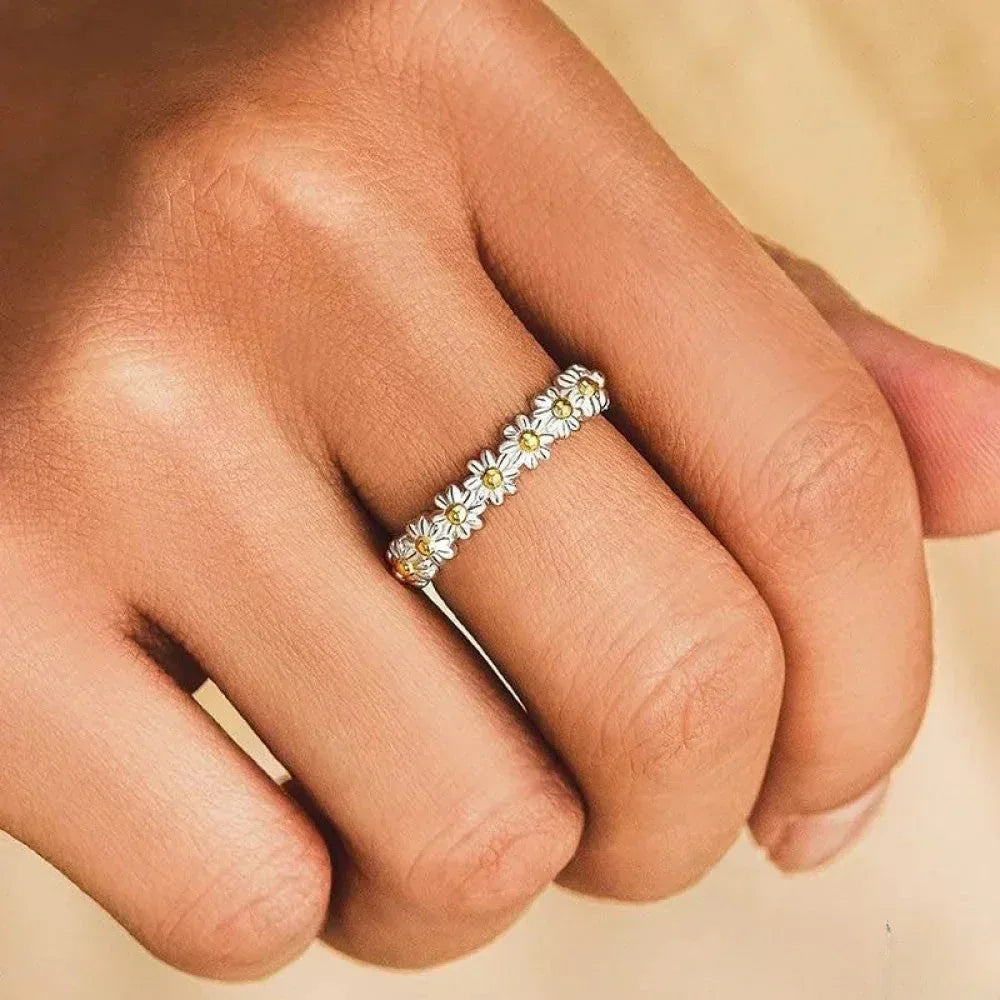 Adjustable Silver Ring with Hand-Painted Enamel Daisy - Sarah and Emma Portland