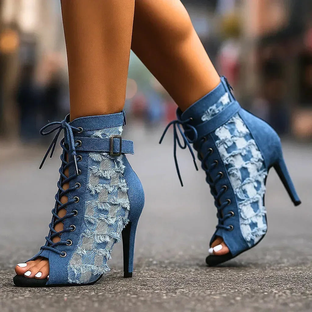 DAHLIA DENIM LACE HEELS - Sarah and Emma Portland