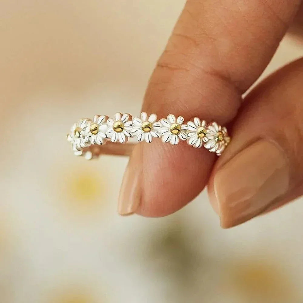 Adjustable Silver Ring with Hand-Painted Enamel Daisy - Sarah and Emma Portland