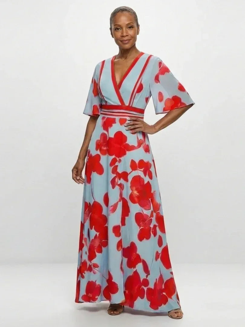 Corinne | V Neck Short Sleeve Floral Maxi Dress - Sarah and Emma Portland