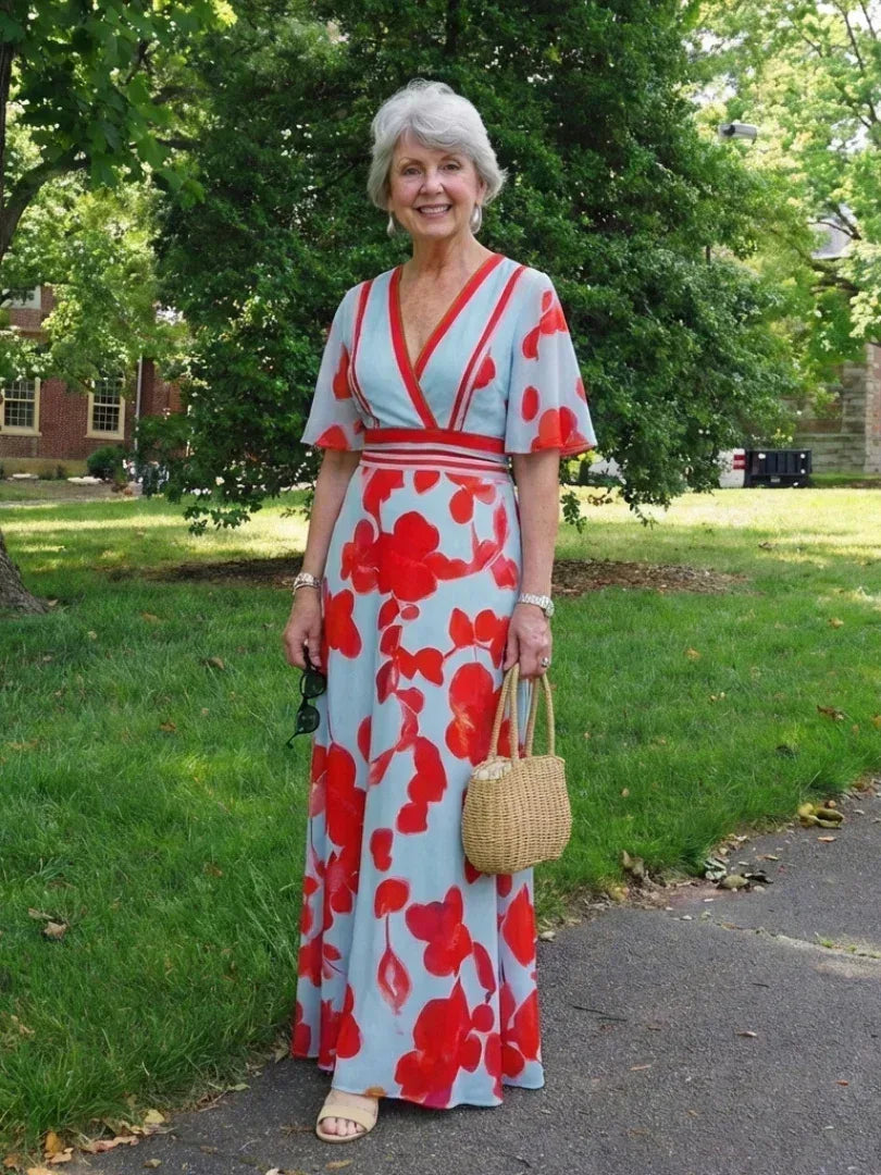 Corinne | V Neck Short Sleeve Floral Maxi Dress - Sarah and Emma Portland