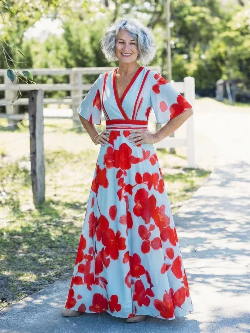 Corinne | V Neck Short Sleeve Floral Maxi Dress - Sarah and Emma Portland