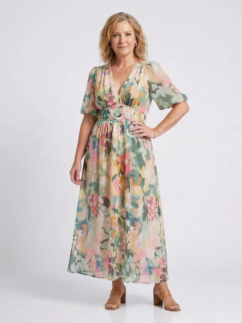 Eulalie | V Neck Short Sleeve Gathered Waist Midi Dress
