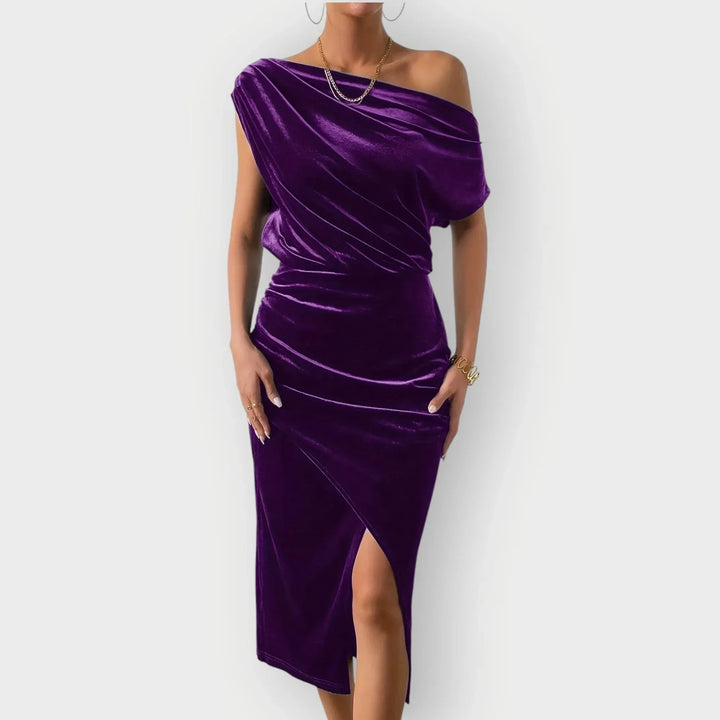 Saeviah | Off Shoulder Draped Velvet Midi Dress - Sarah and Emma Portland