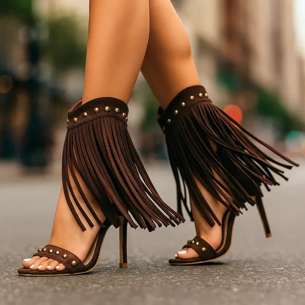 SHANIA SUEDE FRINGE HEELS - Sarah and Emma Portland