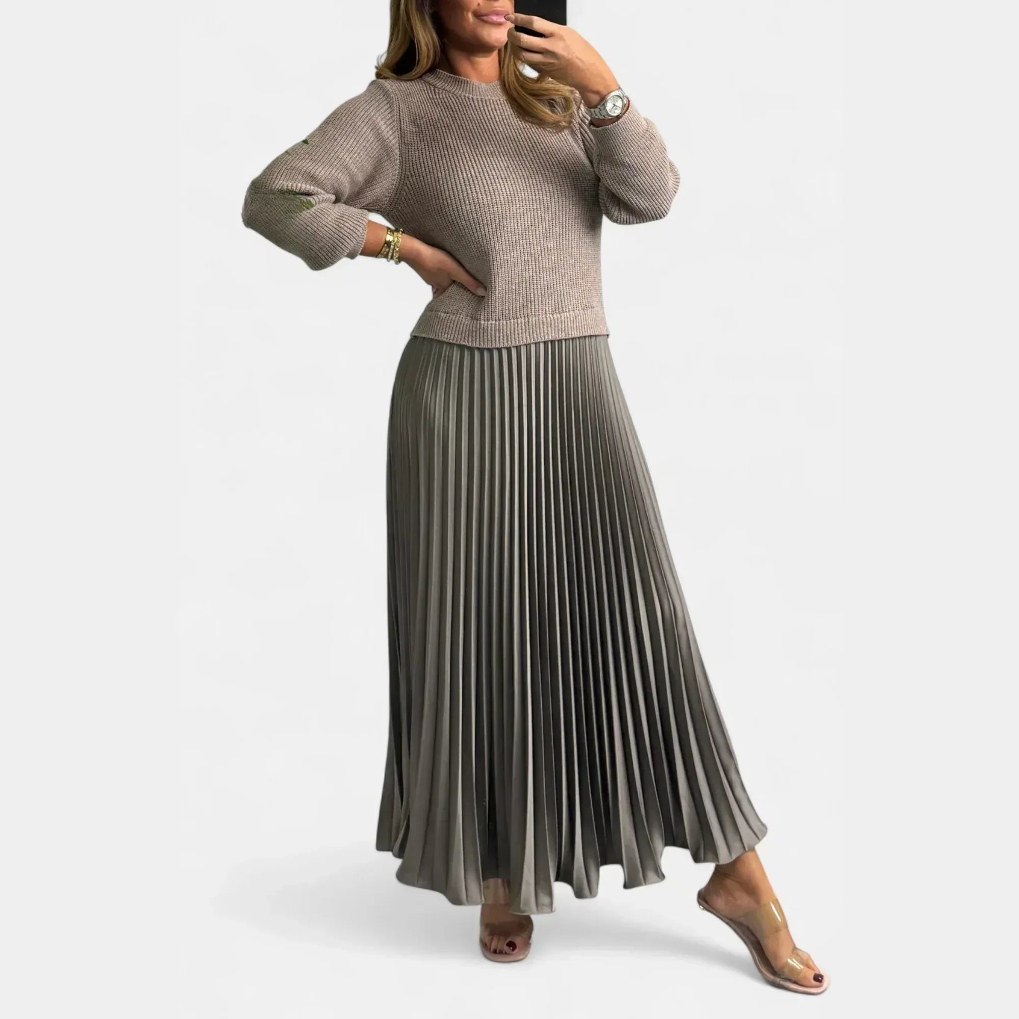Caelynnah | Elegant Maxi Dress with Sweater & Pleated Skirt - Sarah and Emma Portland