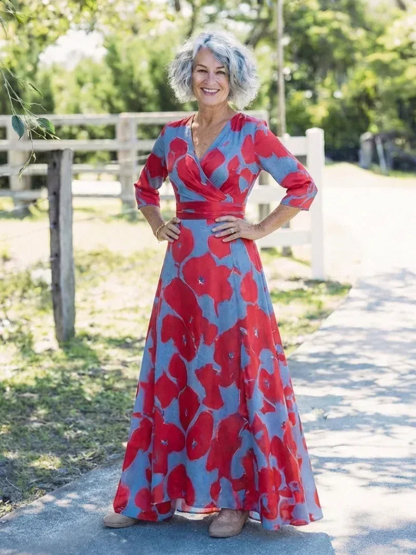 Danielle | Three Quarter Sleeve V Neck Floral Maxi Dress - Sarah and Emma Portland
